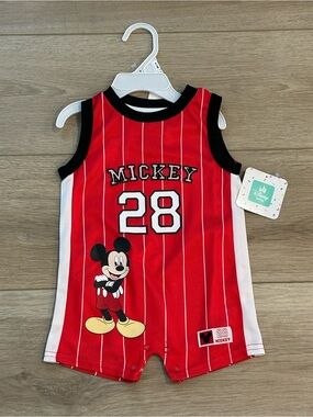 NWT Disney Mickey Mouse Romper Baby Jersey 28 Red Pinstripe Onesie Sz 3-6 months